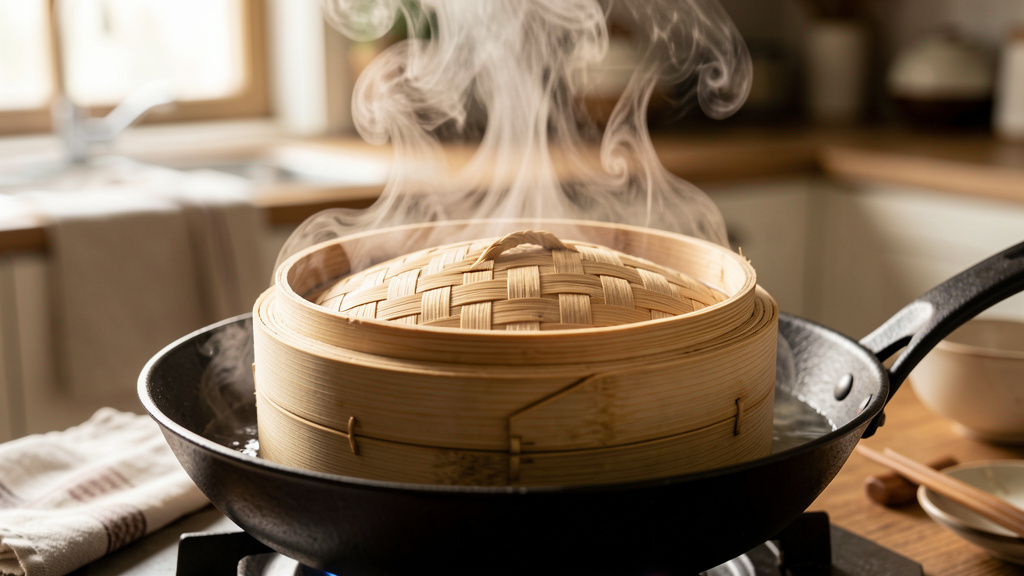 Buns à la vapeur dorés et moelleux posés dans un panier de bambou