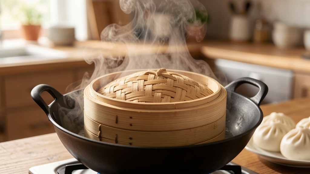 Trois étages de paniers vapeur en bambou empilés sur un wok fumant